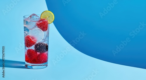 Refreshing Summer Berry Cocktail: A vibrant glass of a refreshing cocktail or lemonade with ice, lime, and fresh berries against a bright blue background, with copy space.