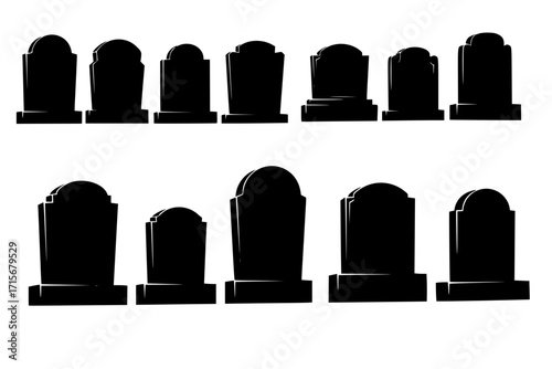 Set of Gravestone Silhouettes Isolated on White Background – Vector Illustration for Memorial, Cemetery, Funeral, and Halloween Themes
