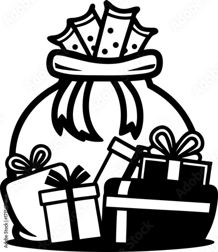  Santa’s bag spilling over with wrapped presents vector line art icon black and white white background