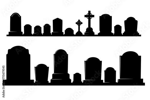 Set of Gravestone Silhouettes Isolated on White Background – Vector Illustration for Memorial, Cemetery, Funeral, and Halloween Themes