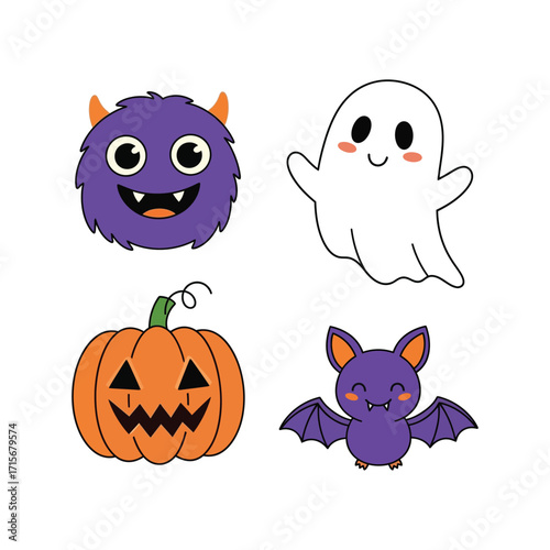 Cute Halloween Icons Set Vector Illustration