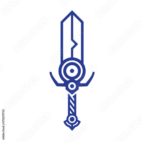 Modern stylized blue sword design on a white background representing fantasy weaponry and gaming elements