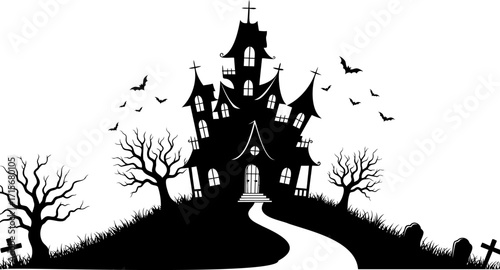 Spooky haunted house silhouette on a hill with a graveyard and flying bats, a scary vector graphic for Halloween