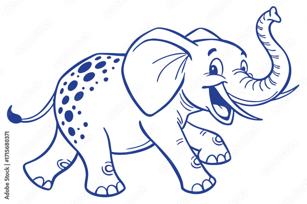 Obraz premium Blue Cartoon Elephant with Raised Trunk Isolated on White Background