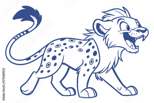Blue Cartoon Lion Mascot Character Roaring with Spots on White Background