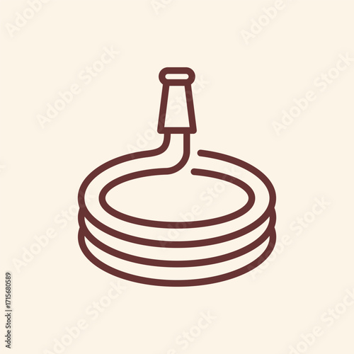Simple line art icon of a coiled garden hose with a nozzle, perfect for landscaping and outdoor projects