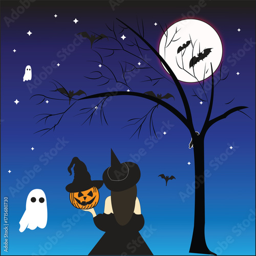 “Witch with Pumpkin Lantern near Haunted Tree under Moonlight – Halloween Scene”