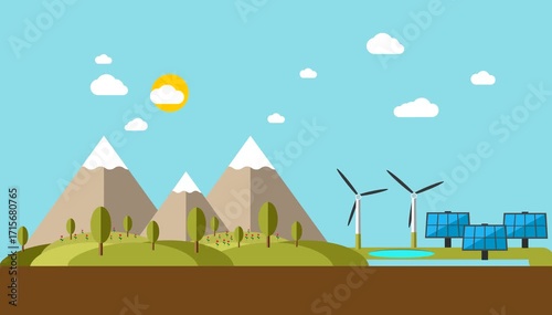 Flat design eco-friendly landscape with mountains, trees, and clean energy sources