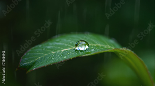 Pristine Water Droplet on Green Leaf during Rain, Symbolizing Nature's Freshness and Purity