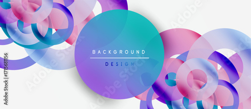 Abstract circles overlap, creating vibrant gradients. Modern design features teal, purple, pink hues on white backdrop. Minimalist text present.