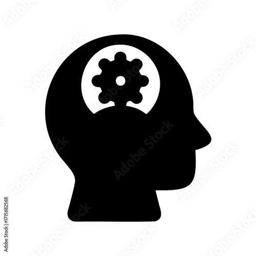 Human head profile with gear inside representing intelligence, thinking process
