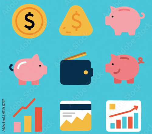 Financial Icons Collection Piggy Banks, Wallets, and Graphs for Budgeting and Investment Strategies