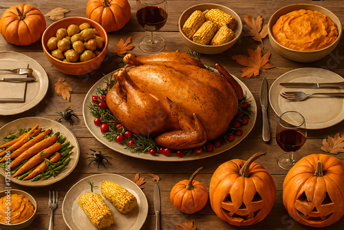 Festive Thanksgiving Dinner Table with Roasted Turkey, Vegetables, and Pumpkins