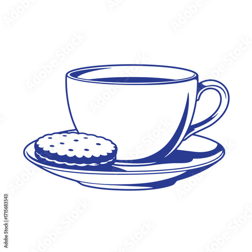 Vector illustration of a cup of tea and a biscuit on a saucer in a minimalist design.