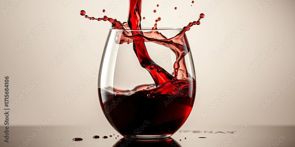 Fototapeta premium Crimson red wine splashing dramatically into a glass, creating vibrant droplets, delicious, red liquid