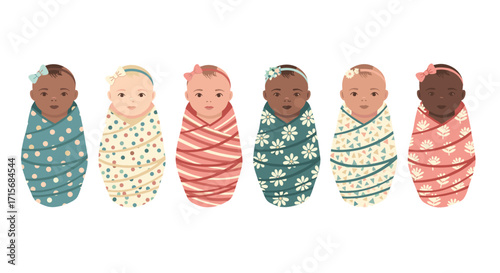 swaddled babies, cute babies, newborn illustration, baby clipart, multicultural babies, diverse babies, baby accessories, baby headbands, baby bows, infant illustration, wrapped babies, sleeping babie