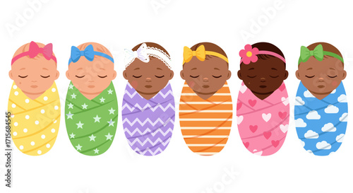 swaddled babies, cute babies, newborn illustration, baby clipart, multicultural babies, diverse babies, baby accessories, baby headbands, baby bows, infant illustration, wrapped babies, sleeping babie