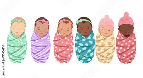 swaddled babies, cute babies, newborn illustration, baby clipart, multicultural babies, diverse babies, baby accessories, baby headbands, baby bows, infant illustration, wrapped babies, sleeping babie