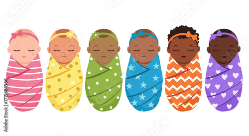 swaddled babies, cute babies, newborn illustration, baby clipart, multicultural babies, diverse babies, baby accessories, baby headbands, baby bows, infant illustration, wrapped babies, sleeping babie