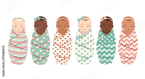 swaddled babies, cute babies, newborn illustration, baby clipart, multicultural babies, diverse babies, baby accessories, baby headbands, baby bows, infant illustration, wrapped babies, sleeping babie