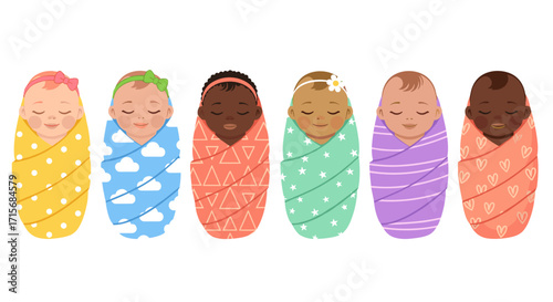 swaddled babies, cute babies, newborn illustration, baby clipart, multicultural babies, diverse babies, baby accessories, baby headbands, baby bows, infant illustration, wrapped babies, sleeping babie