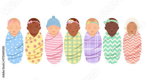 swaddled babies, cute babies, newborn illustration, baby clipart, multicultural babies, diverse babies, baby accessories, baby headbands, baby bows, infant illustration, wrapped babies, sleeping babie