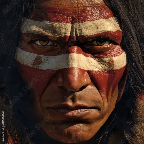 Epic Oil Painting Close-Up Portrait of Native American Warrior with Traditional War Paint and Intense Gaze