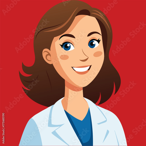 A caring young professional female doctor in a white coat smiles, holding a stethoscope while working in a healthcare clinic