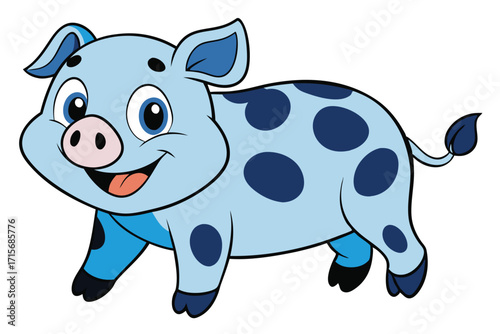 Cartoon Blue Pig with Dark Blue Spots, Pink Snout and Black Outline on White