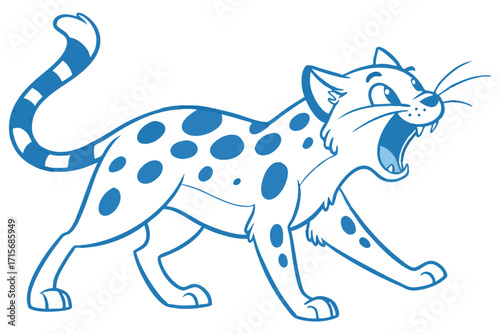 Cartoon Blue Spotted Jaguar with Mouth Open White Background