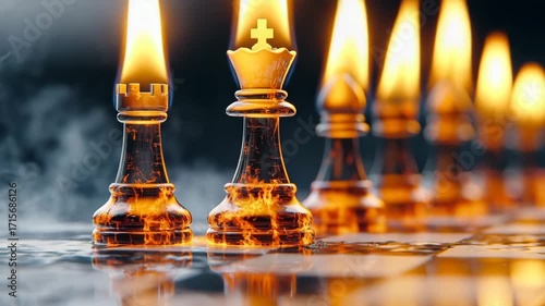Flames rise from a glass chess set during an intense game at night in a dimly lit room, showcasing the heat of strategy and competition
