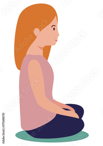 Woman sitting cross-legged on a mat. Daily meditation practice concept for relaxation and stress relief. Simple illustration for wellness.