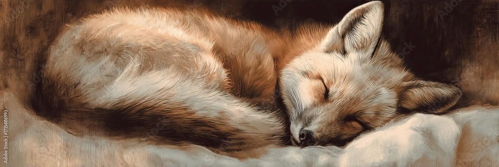 Fototapeta premium A peaceful red fox curled up and sleeping on a soft surface.