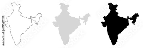 Vector illustration of India map in three styles: outline, silhouette, and filled version. Editable flat design suitable for geography, education, infographic, travel, presentation, and business use.
