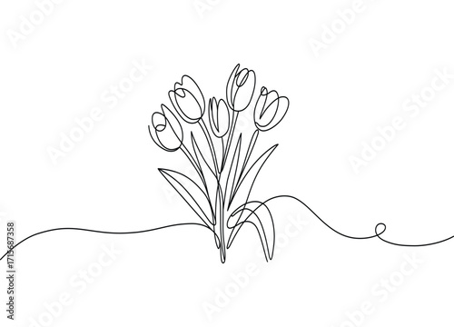 Elegant Tulip Flower Bouquet Continuous Line Drawing for Minimalist Art and Floral Designs Modern Simple Illustration