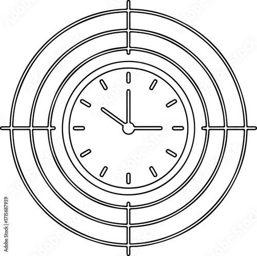 Clock inside a target crosshair line art icon.