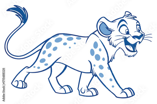 Cartoon Cub Walking with Blue Spots, Open Mouth, on White Background
