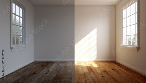 Wallpaper Mural A split-image comparison of an empty room, one half dimly lit, the other bathed in sunlight highlighting the hardwood floor and white walls; showcasing the impact of natural light Torontodigital.ca