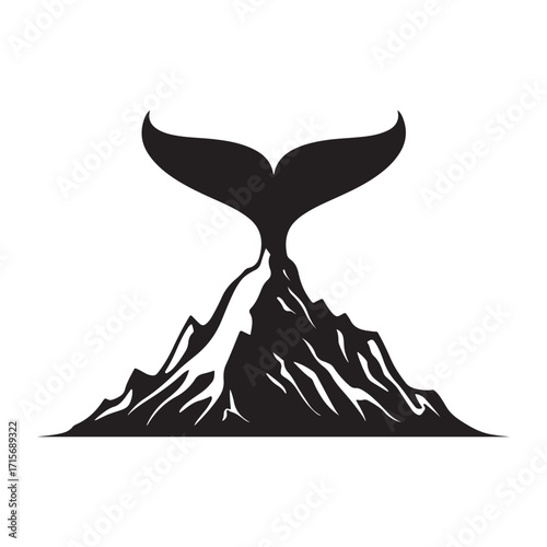 Surreal Vector Silhouette of a Whale Tail Emerging from a Snowy Mountain Peak, an Abstract Symbol of Nature and Fantasy.
