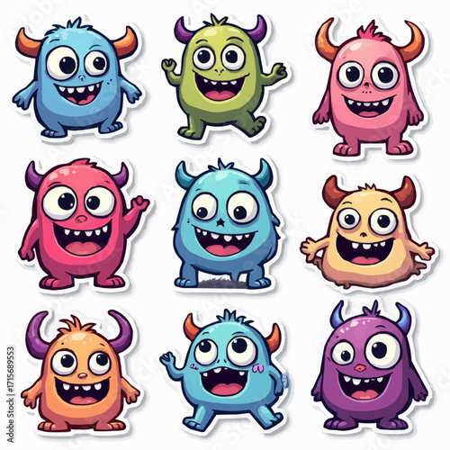 A delightful sticker set of nine colorful and cute cartoon monsters. Collection of funny and friendly alien characters with happy expressions