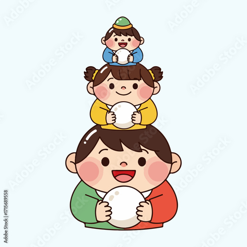 Cute cartoon illustration of three children stacked in a tower.