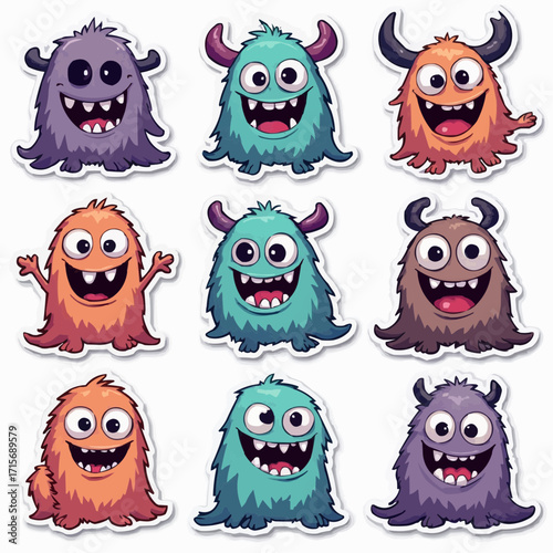 Collection of nine cute and colorful cartoon monsters with horns and big smiles, perfect for children's themes and creative designs