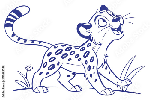 Cartoon Cute Jaguar Cub Standing with Line Art Style on a White Background