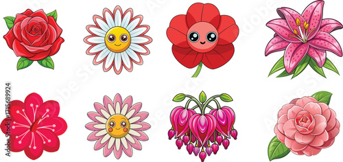 High quality photo of assorted cartoon flowers with expressive faces and vibrant colors vector