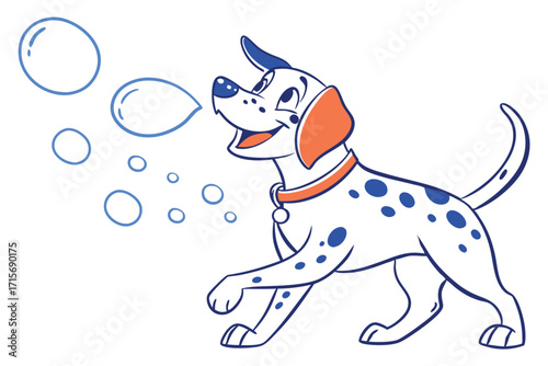 Cartoon Dalmatian Blowing Bubbles with Orange Details on White Background
