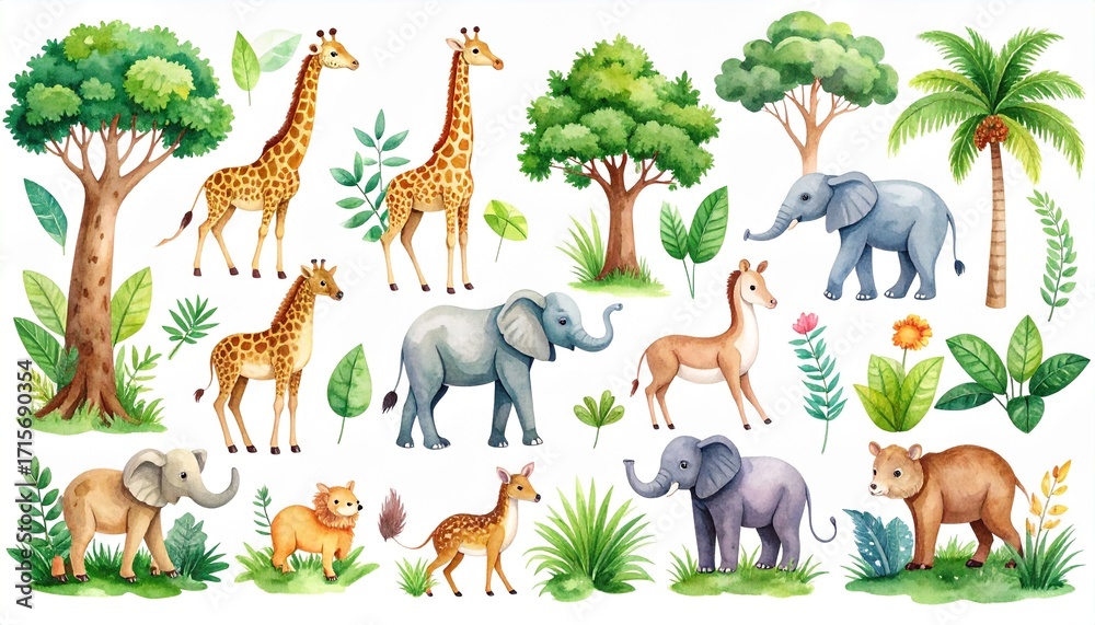 Obraz premium set of vector illustration of a cartoon rain forest animals animation, painted with 