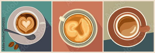 Vector set of retro style coffee cups top view with espresso, americano, cappuccino. Vintage flat illustration for coffee shop, café menu, coffee lover club on mid-century background