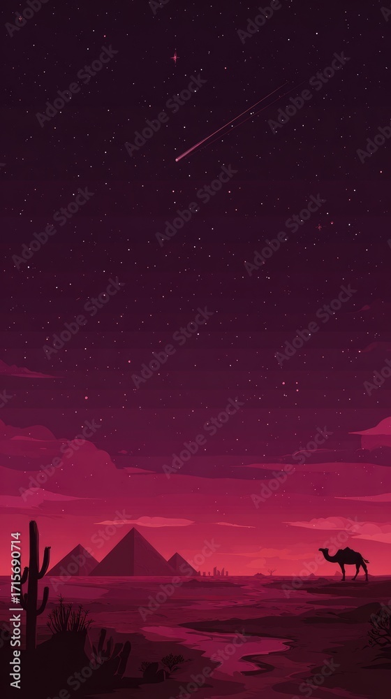 Fototapeta premium A stylized desert landscape at twilight, showcasing three pyramids, a lone camel, cacti, and a shooting star against a deep magenta sky