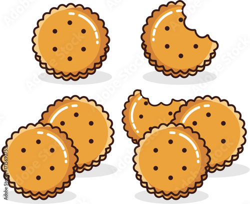 A vector illustration of round, golden cracker biscuits. It shows whole crackers, a stack, and some with bites taken out, highlighting their crisp texture.