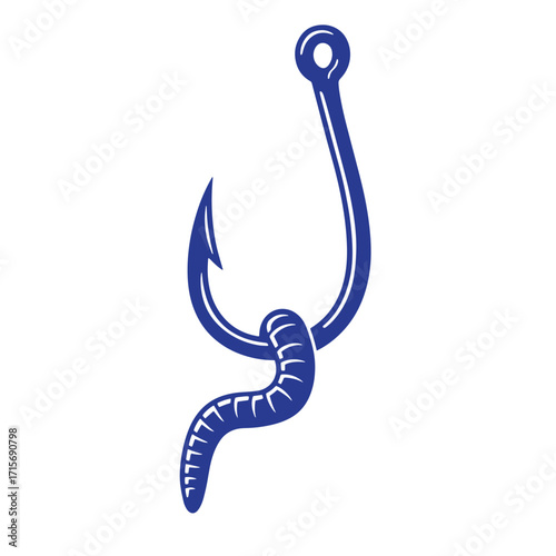 Blue fishing hook with worm bait simple illustrated graphic for angling concept